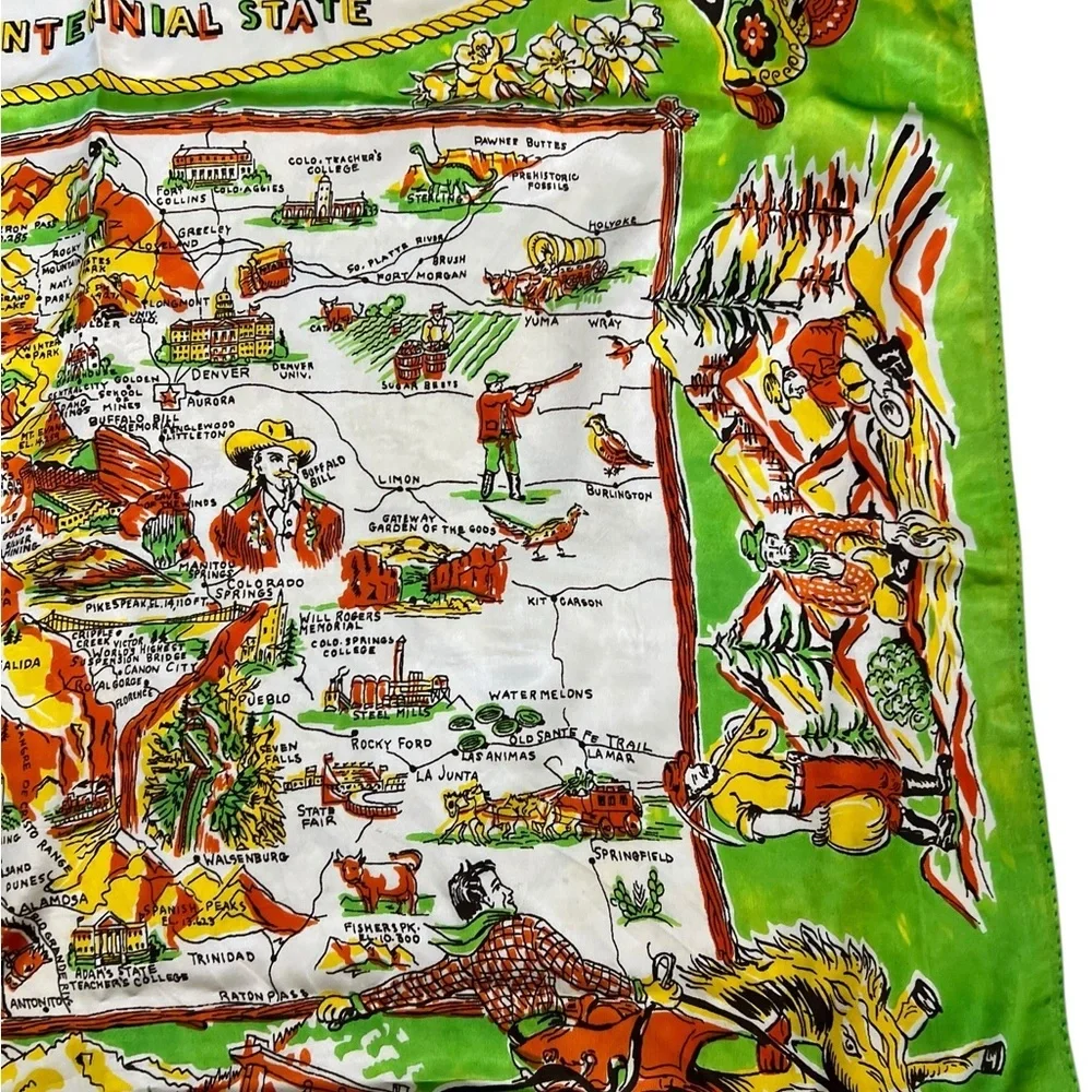 Vintage Colorful Colorado Centennial Souvenir Silk Scarf Picture Map Green